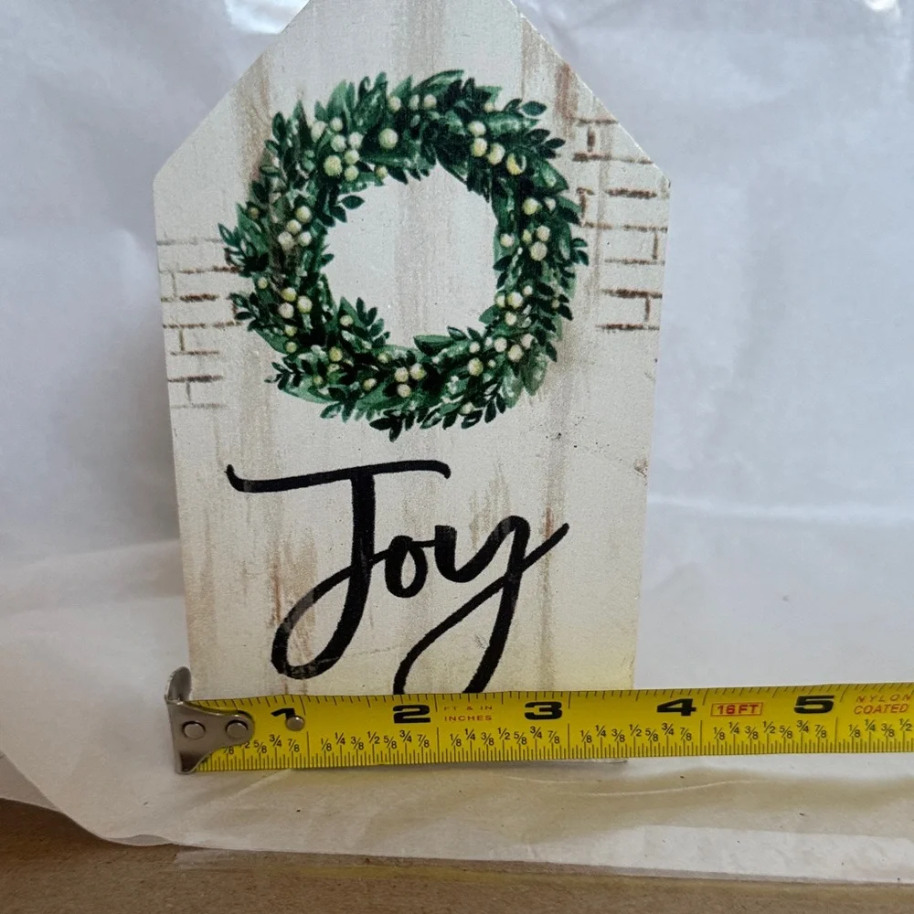 Hobby Lobby Wooden House Sign with Green Wreath and Black 'Joy' Script